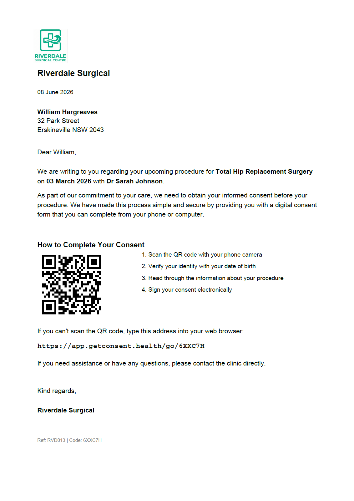 A branded Riverdale Surgical Centre postal consent letter with a QR code and a short code that opens the patient's digital consent flow