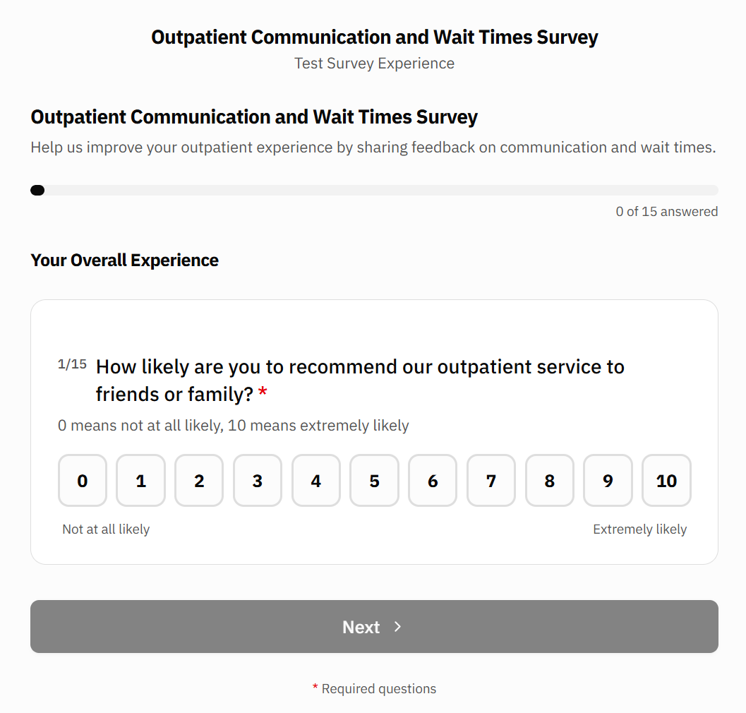 GetConsent patient satisfaction survey asking how likely the patient is to recommend the service, on a 0 to 10 scale