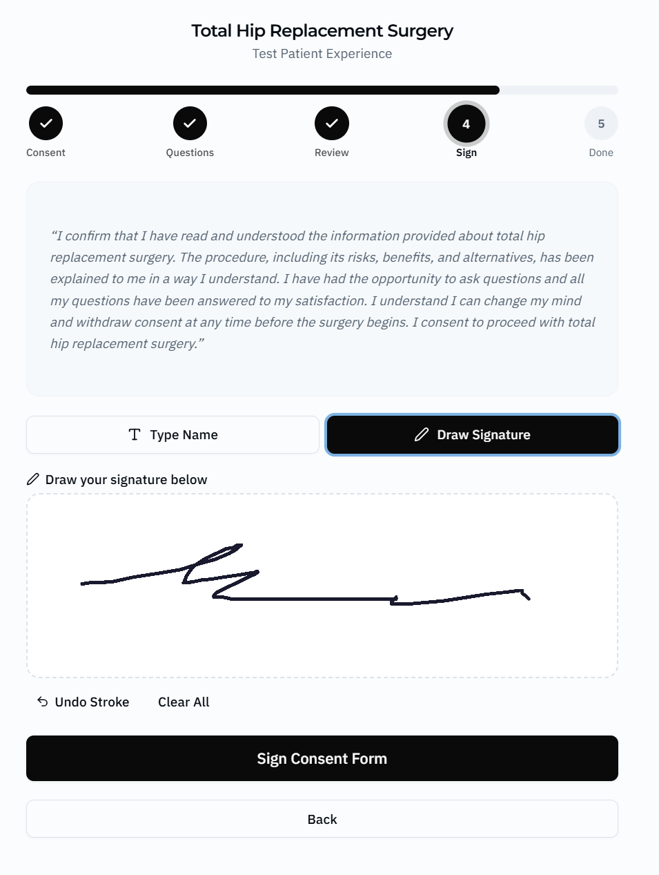 Patient consent sign screen
