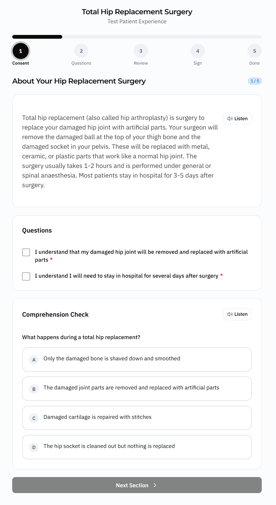 Patient consent understand screen